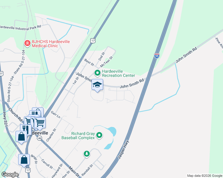 map of restaurants, bars, coffee shops, grocery stores, and more near 542 John Smith Road in Hardeeville