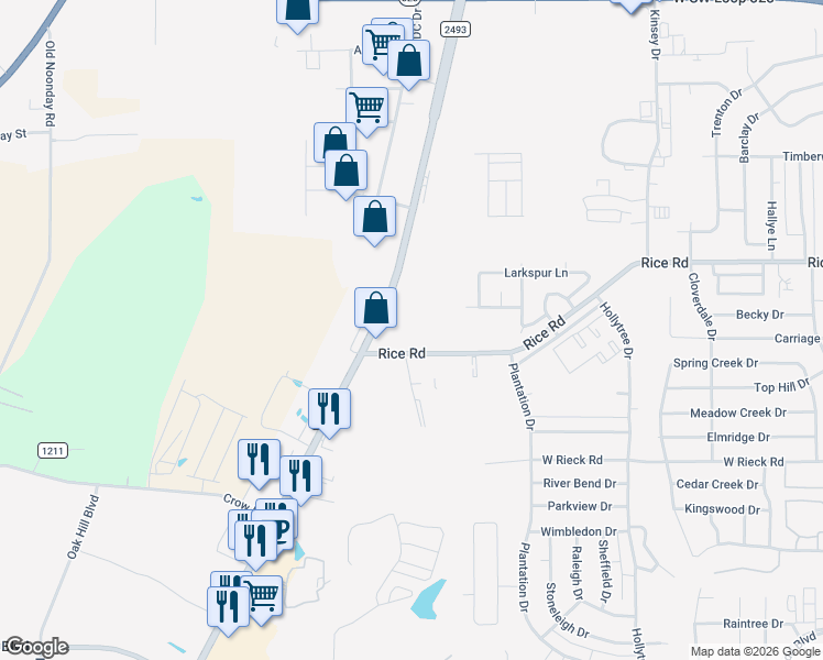 map of restaurants, bars, coffee shops, grocery stores, and more near 1521 Rice Road in Tyler