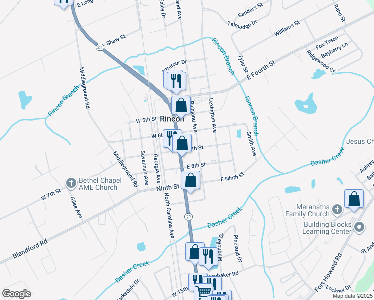 map of restaurants, bars, coffee shops, grocery stores, and more near 119 7th Street in Rincon