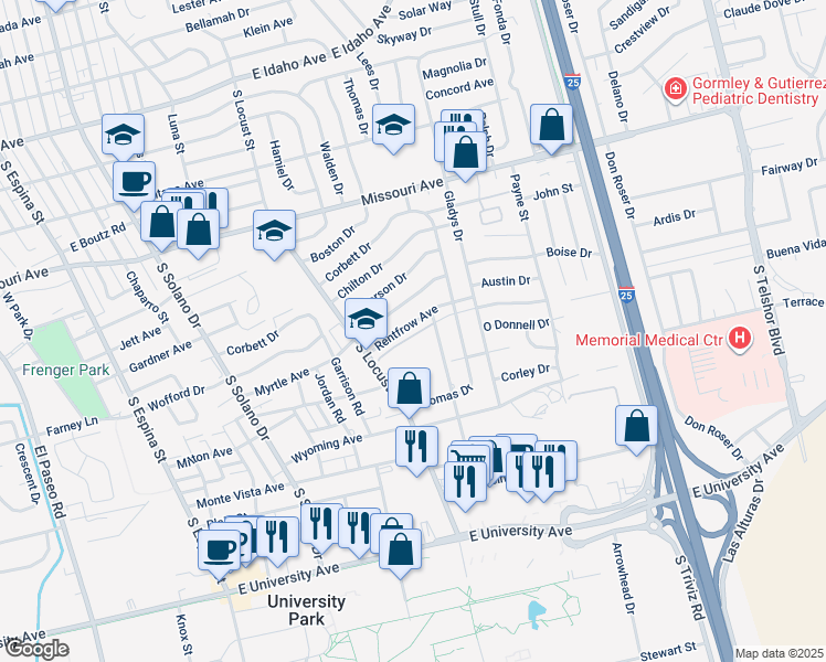 map of restaurants, bars, coffee shops, grocery stores, and more near 1870 Rentfrow Avenue in Las Cruces