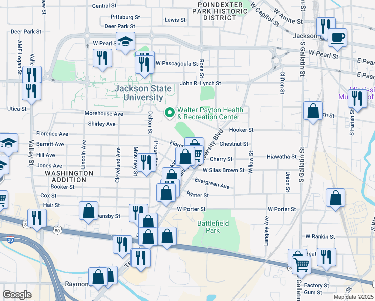 map of restaurants, bars, coffee shops, grocery stores, and more near 1127 Handy Avenue in Jackson