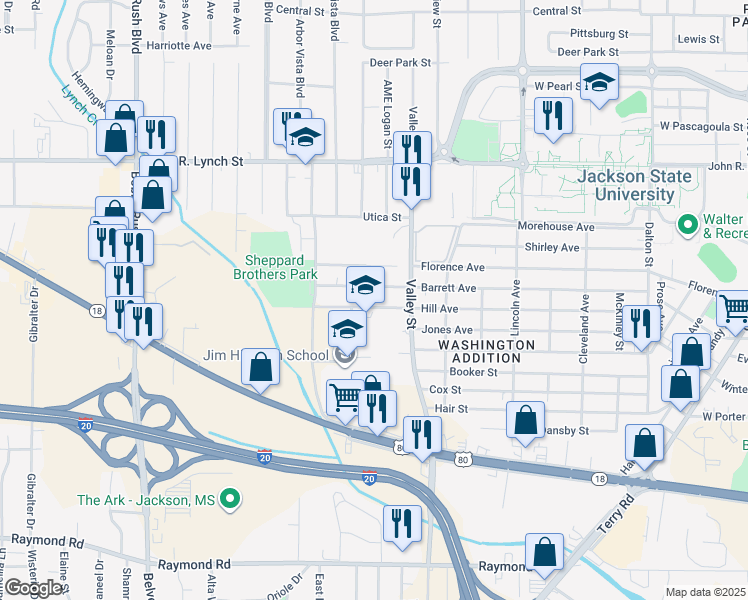map of restaurants, bars, coffee shops, grocery stores, and more near 1716 Isable Street in Jackson