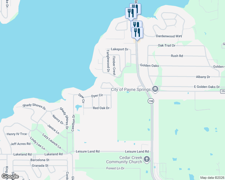 map of restaurants, bars, coffee shops, grocery stores, and more near 355 Red Oak Drive in Gun Barrel City