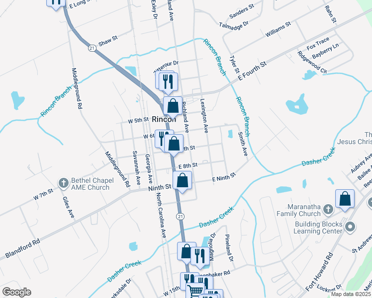 map of restaurants, bars, coffee shops, grocery stores, and more near 119 East 7th Street in Rincon