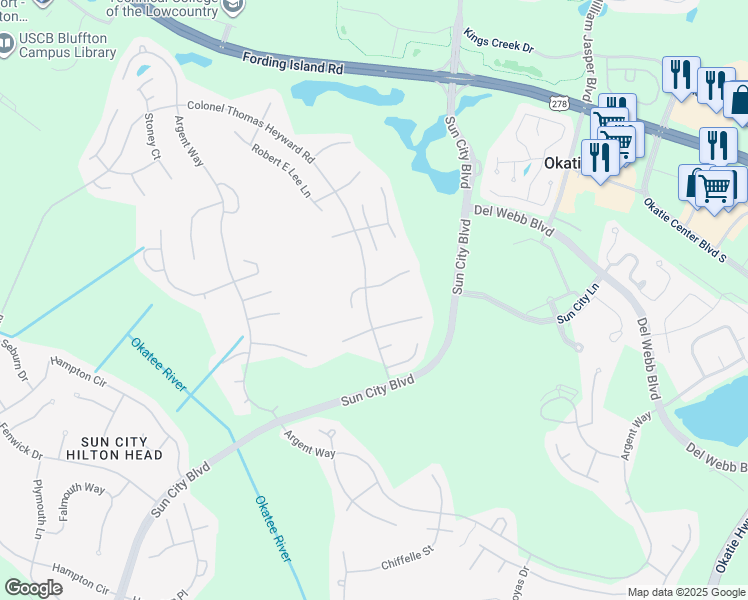 map of restaurants, bars, coffee shops, grocery stores, and more near 101 Honey Hill Drive in Bluffton