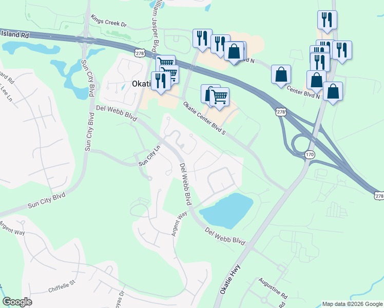 map of restaurants, bars, coffee shops, grocery stores, and more near 5 Broughton Circle in Bluffton