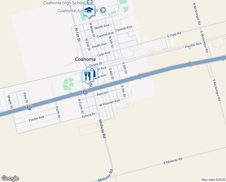 map of restaurants, bars, coffee shops, grocery stores, and more near 409 South Main Street in Coahoma