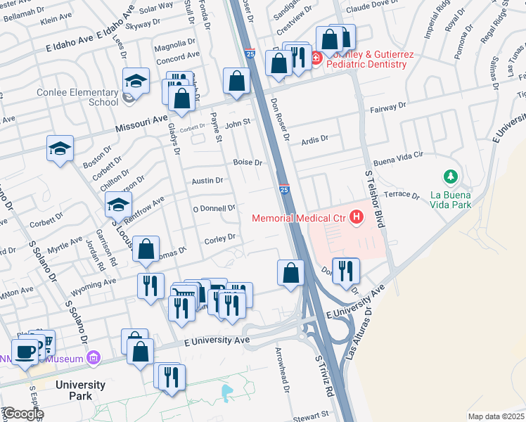map of restaurants, bars, coffee shops, grocery stores, and more near 2049 South Triviz Drive in Las Cruces