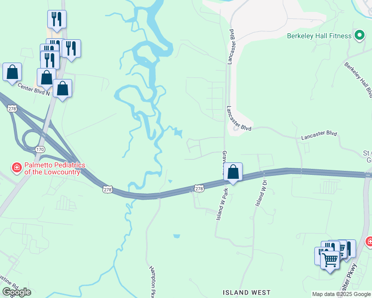 map of restaurants, bars, coffee shops, grocery stores, and more near 21 Graves Road in Okatie