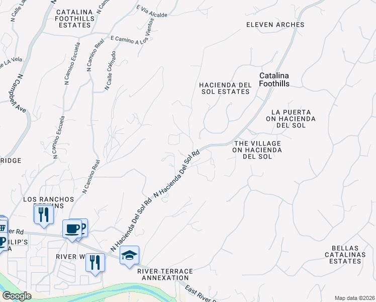 map of restaurants, bars, coffee shops, grocery stores, and more near 4645 North Hacienda Del Sol Road in Tucson