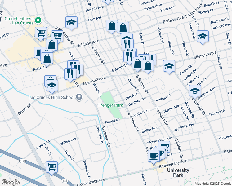 map of restaurants, bars, coffee shops, grocery stores, and more near 1081 3 Branson Avenue in Las Cruces