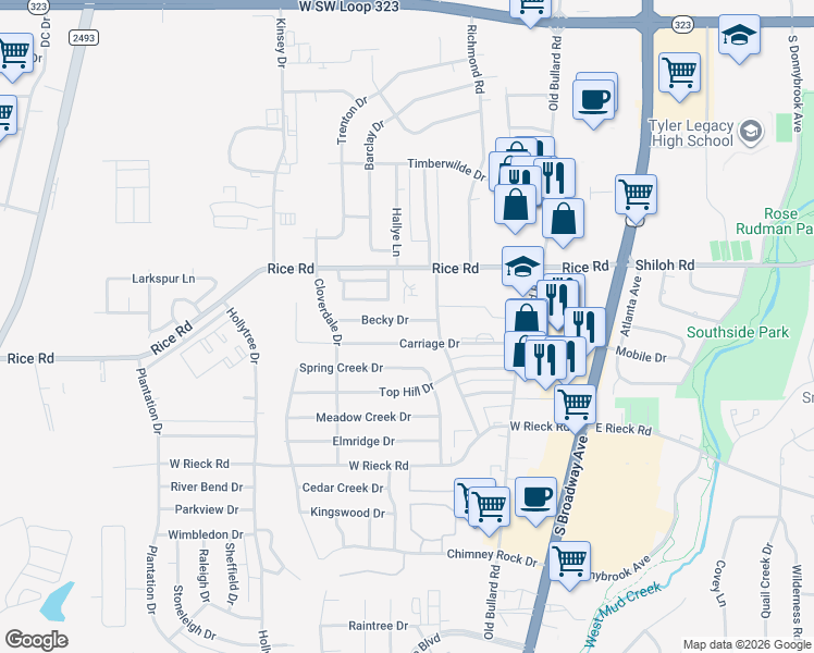 map of restaurants, bars, coffee shops, grocery stores, and more near 508 Becky Drive in Tyler