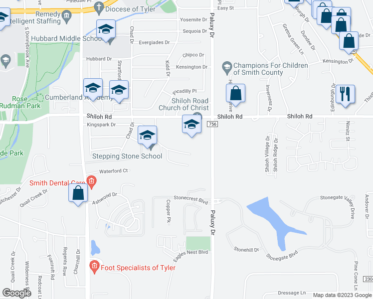 map of restaurants, bars, coffee shops, grocery stores, and more near 1712 Timber Creek Drive in Tyler