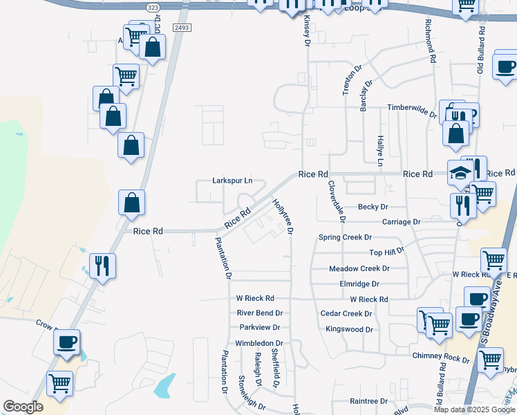 map of restaurants, bars, coffee shops, grocery stores, and more near 1202 Rice Road in Tyler