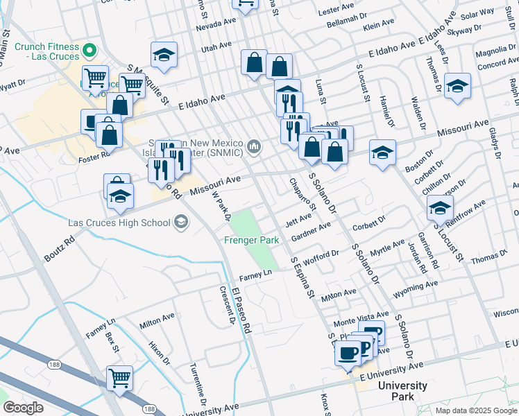 map of restaurants, bars, coffee shops, grocery stores, and more near 1708 South Espina Street in Las Cruces