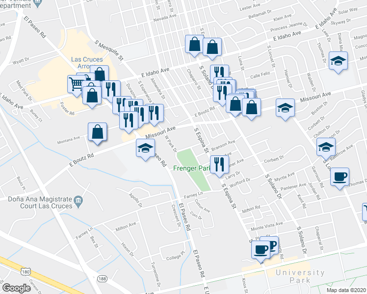 map of restaurants, bars, coffee shops, grocery stores, and more near 825 Parkview Drive in Las Cruces
