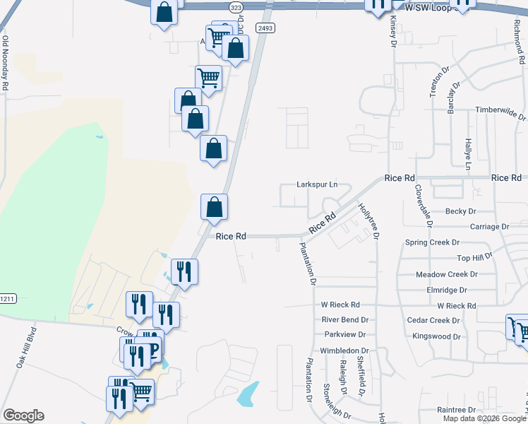 map of restaurants, bars, coffee shops, grocery stores, and more near 1521 Rice Road in Tyler