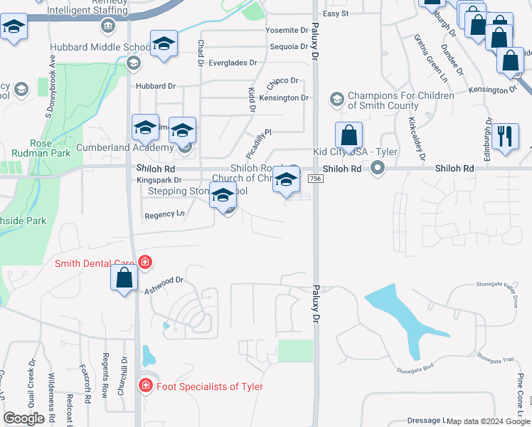 map of restaurants, bars, coffee shops, grocery stores, and more near 1620 Timber Creek Drive in Tyler