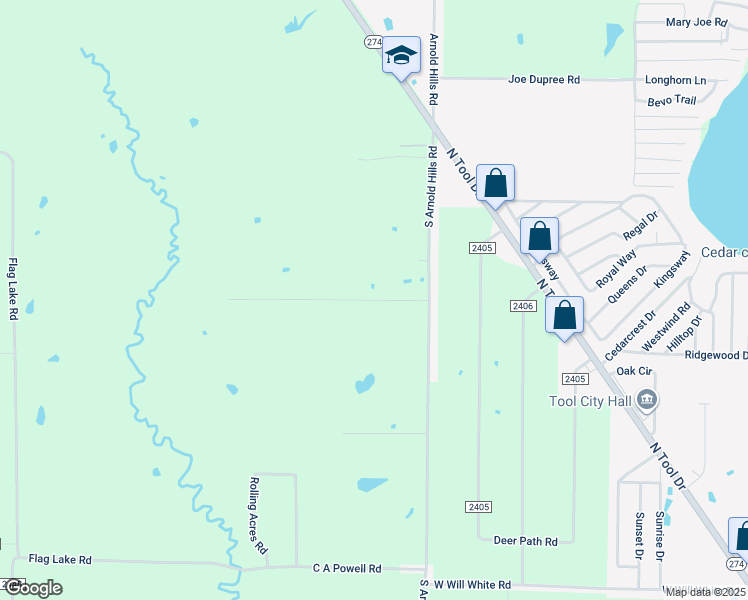 map of restaurants, bars, coffee shops, grocery stores, and more near Cox Road in Tool