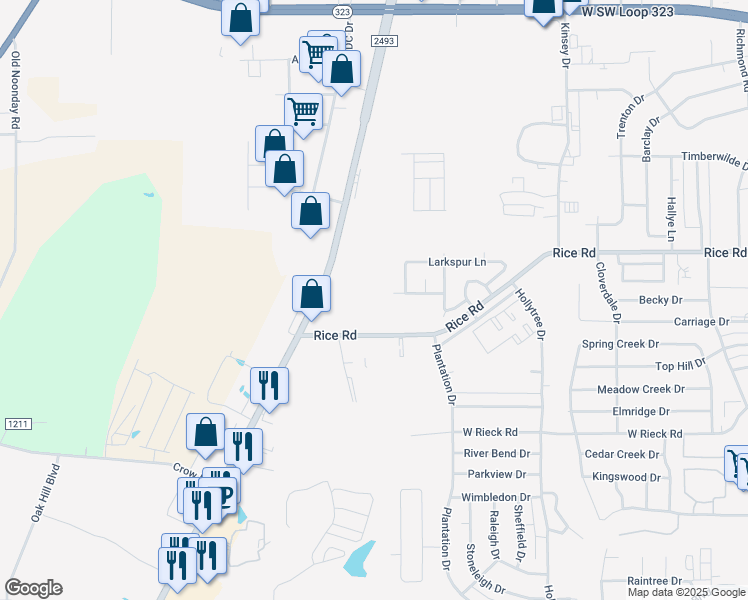 map of restaurants, bars, coffee shops, grocery stores, and more near 1521 Rice Road in Tyler