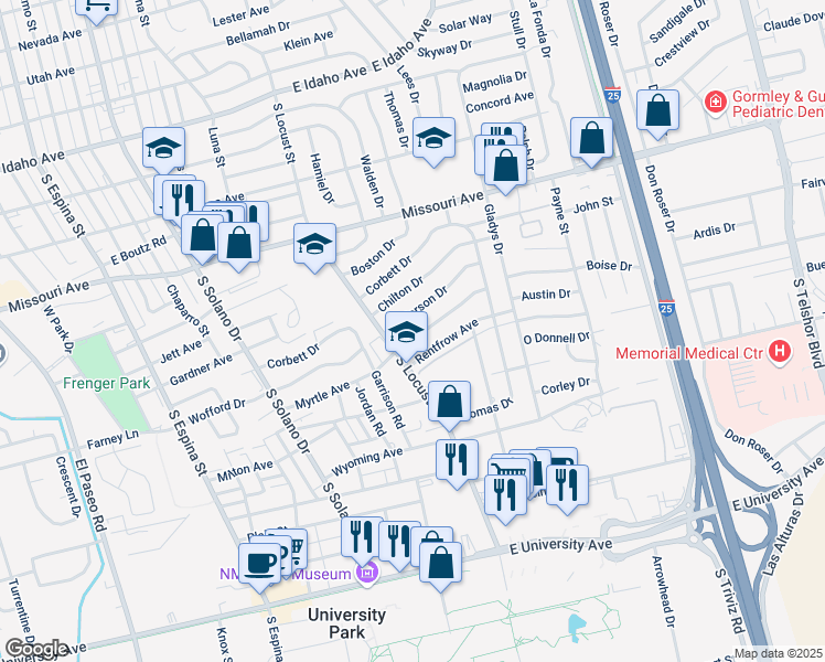 map of restaurants, bars, coffee shops, grocery stores, and more near 1860 Anderson Drive in Las Cruces