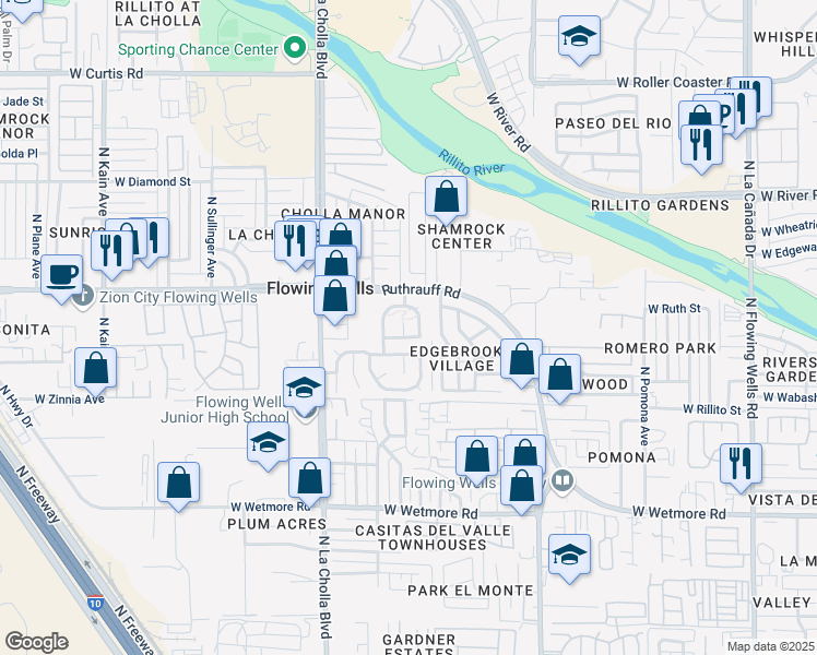 map of restaurants, bars, coffee shops, grocery stores, and more near 4793 North Woodside Drive in Tucson
