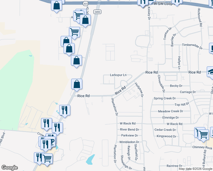 map of restaurants, bars, coffee shops, grocery stores, and more near 1408 Woodbridge Drive in Tyler