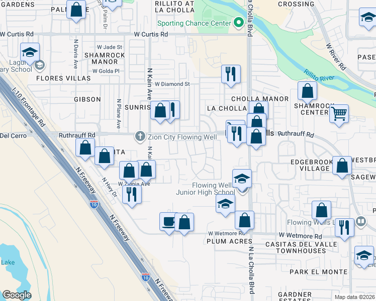 map of restaurants, bars, coffee shops, grocery stores, and more near 4801 North Fellows Avenue in Tucson