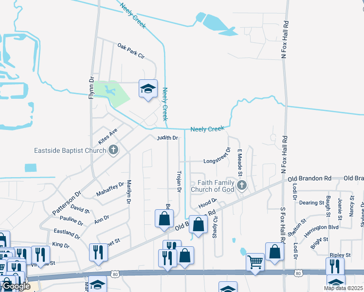 map of restaurants, bars, coffee shops, grocery stores, and more near 280 Trojan Drive in Pearl