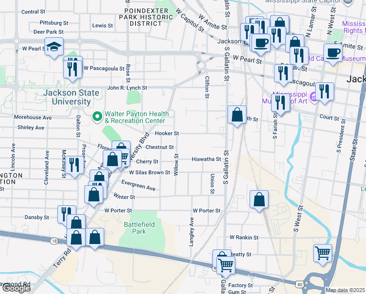 map of restaurants, bars, coffee shops, grocery stores, and more near 730 Willow Street in Jackson
