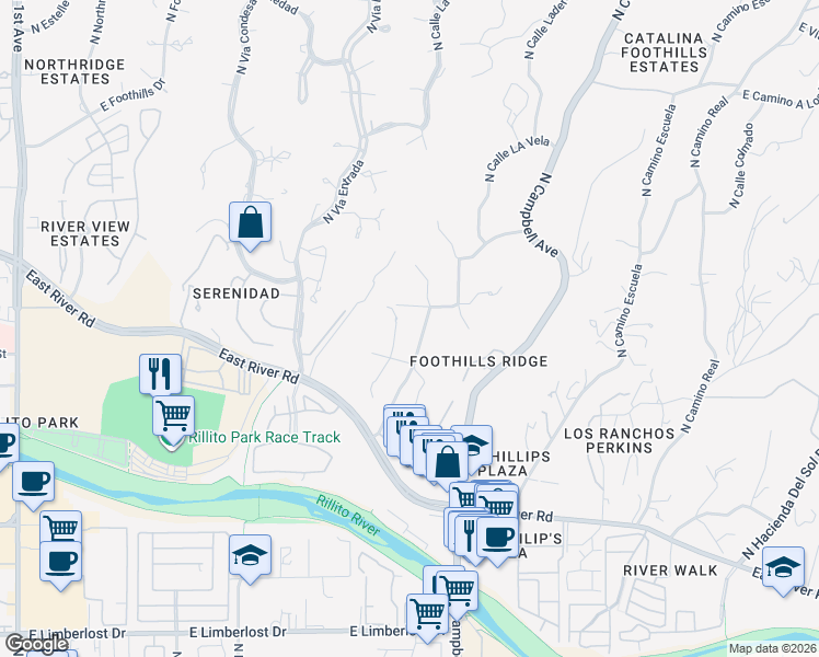 map of restaurants, bars, coffee shops, grocery stores, and more near 4750 North Cll Desecada in Tucson