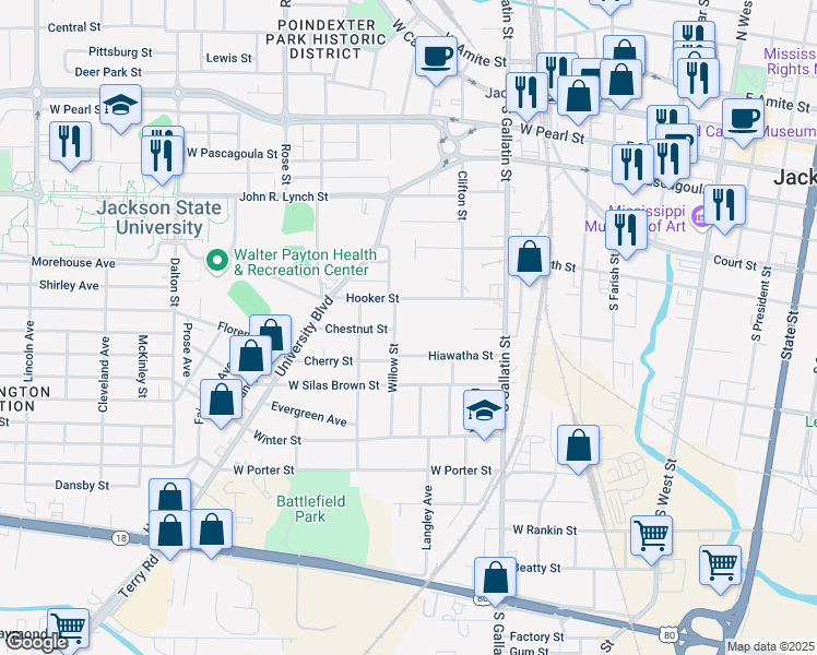 map of restaurants, bars, coffee shops, grocery stores, and more near 760 Willow Street in Jackson