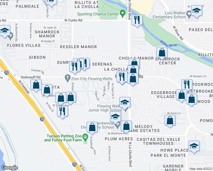 map of restaurants, bars, coffee shops, grocery stores, and more near 2305 West Ruthrauff Road in Tucson