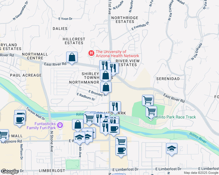 map of restaurants, bars, coffee shops, grocery stores, and more near 4750 North 1st Avenue in Tucson