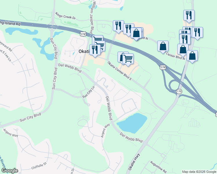 map of restaurants, bars, coffee shops, grocery stores, and more near 7 Pepper Place in Bluffton