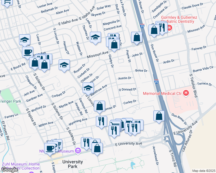 map of restaurants, bars, coffee shops, grocery stores, and more near 2025 Thomas Drive in Las Cruces
