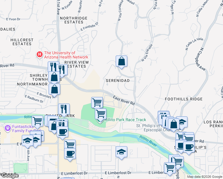 map of restaurants, bars, coffee shops, grocery stores, and more near 1251 E River Rd in Tucson