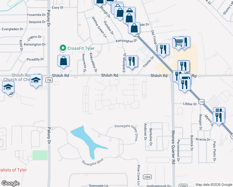 map of restaurants, bars, coffee shops, grocery stores, and more near 418 Nimitz Street in Tyler