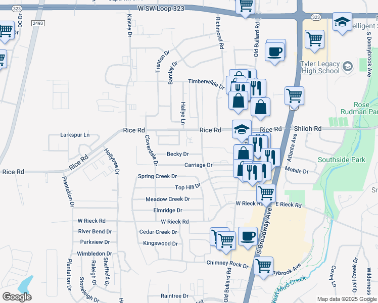 map of restaurants, bars, coffee shops, grocery stores, and more near 507 Becky Drive in Tyler