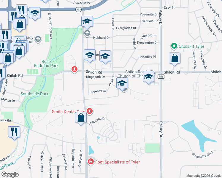 map of restaurants, bars, coffee shops, grocery stores, and more near 5108 Chad Drive in Tyler