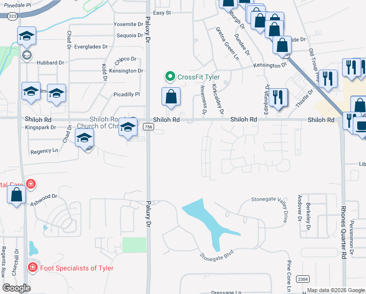 map of restaurants, bars, coffee shops, grocery stores, and more near Shiloh Village Drive in Tyler
