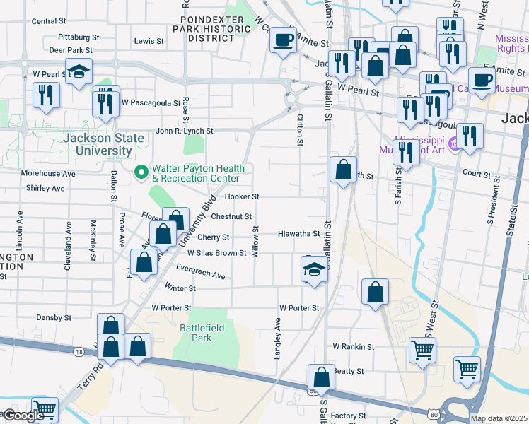 map of restaurants, bars, coffee shops, grocery stores, and more near 730 Willow Street in Jackson