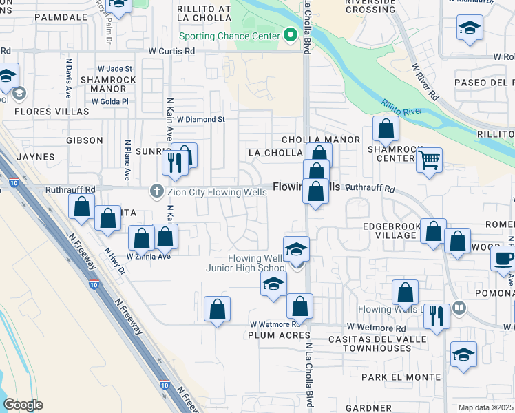 map of restaurants, bars, coffee shops, grocery stores, and more near Marco in Tucson