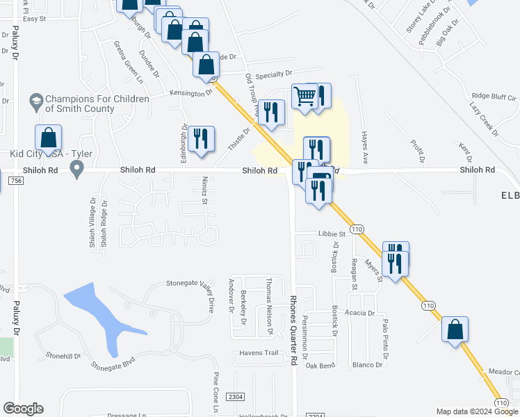 map of restaurants, bars, coffee shops, grocery stores, and more near 2911 Shiloh Road in Tyler