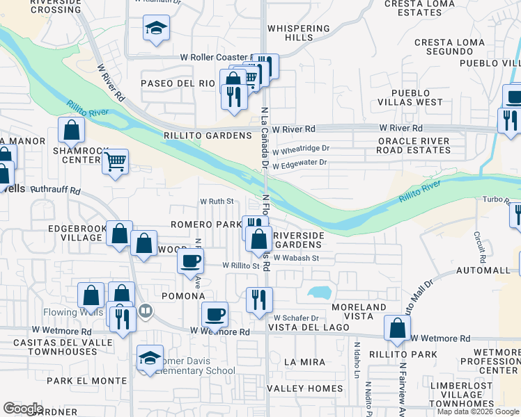 map of restaurants, bars, coffee shops, grocery stores, and more near 4751 North Flowing Wells Road in Tucson