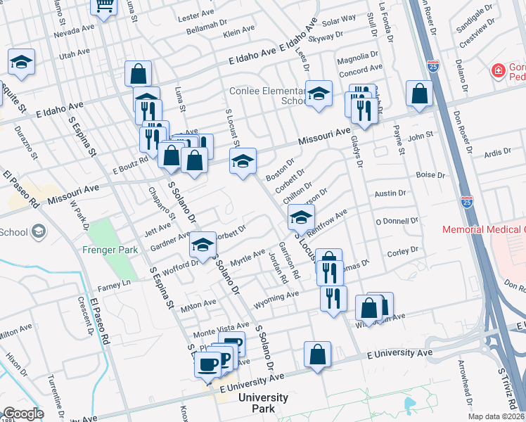 map of restaurants, bars, coffee shops, grocery stores, and more near 1535 Corbett Drive in Las Cruces