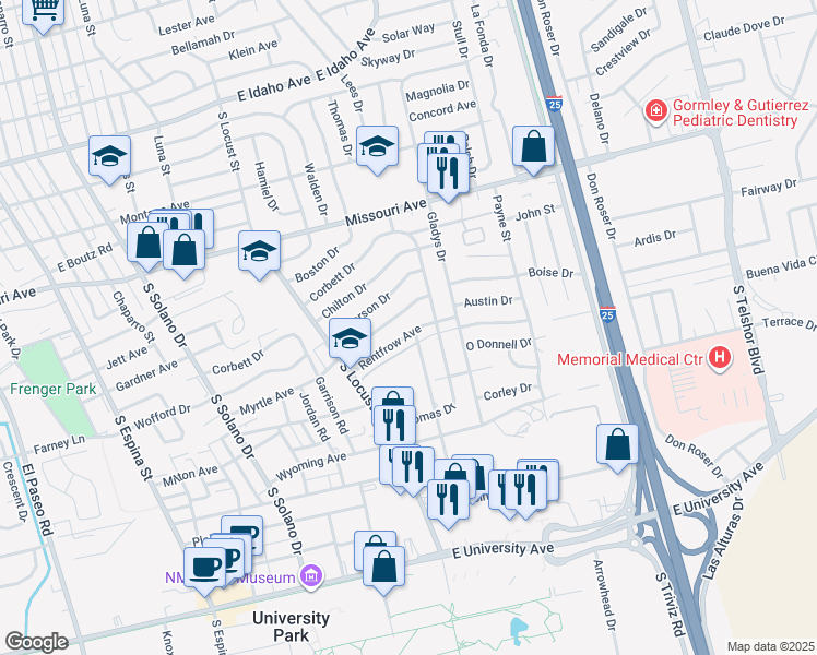 map of restaurants, bars, coffee shops, grocery stores, and more near 1915 Rentfrow Avenue in Las Cruces