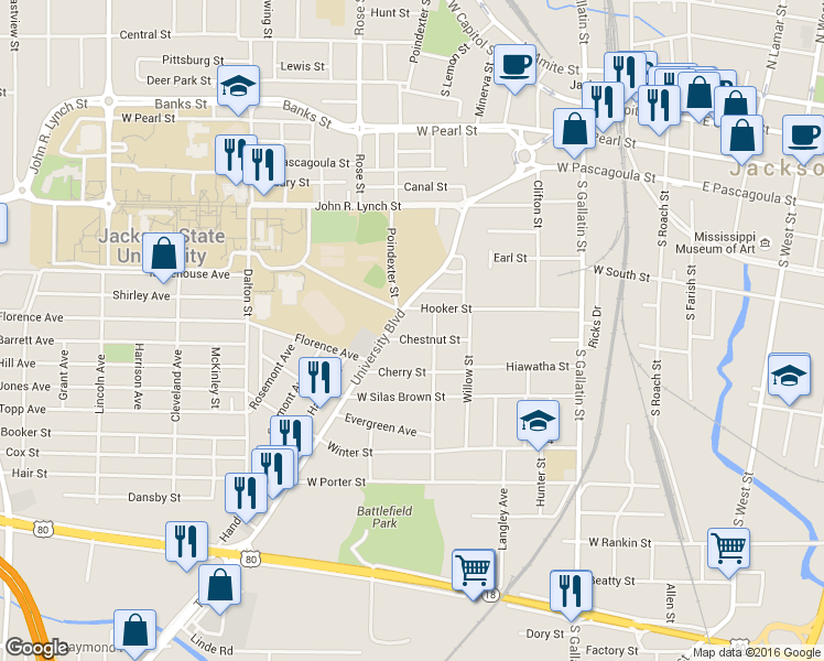 map of restaurants, bars, coffee shops, grocery stores, and more near 724 Chestnut Street in Jackson