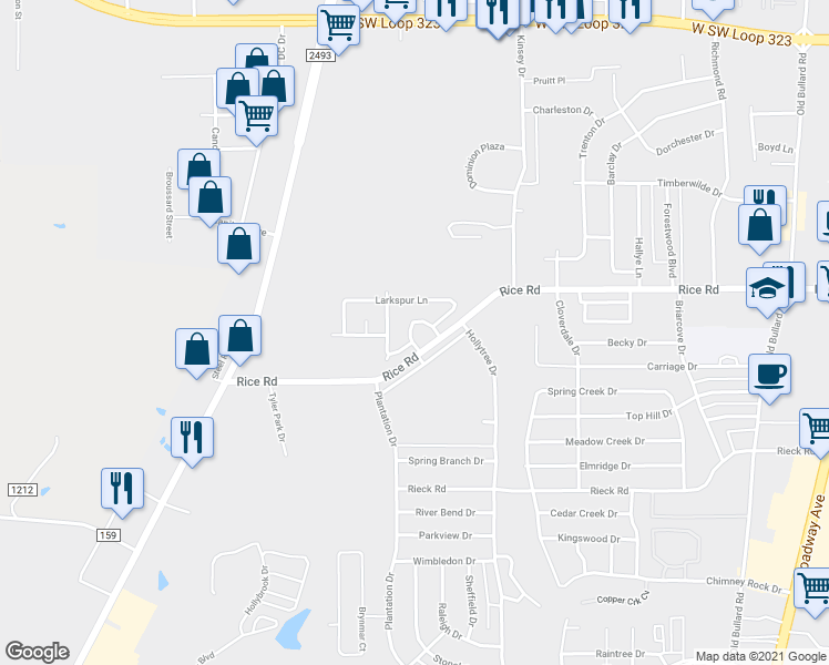 map of restaurants, bars, coffee shops, grocery stores, and more near 5102 Foxglove Circle in Tyler