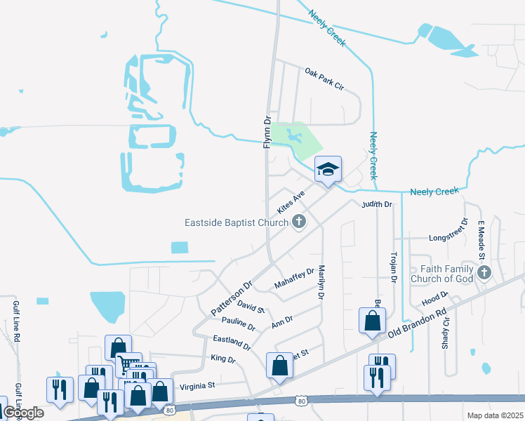 map of restaurants, bars, coffee shops, grocery stores, and more near 3545 Flynn Drive in Pearl